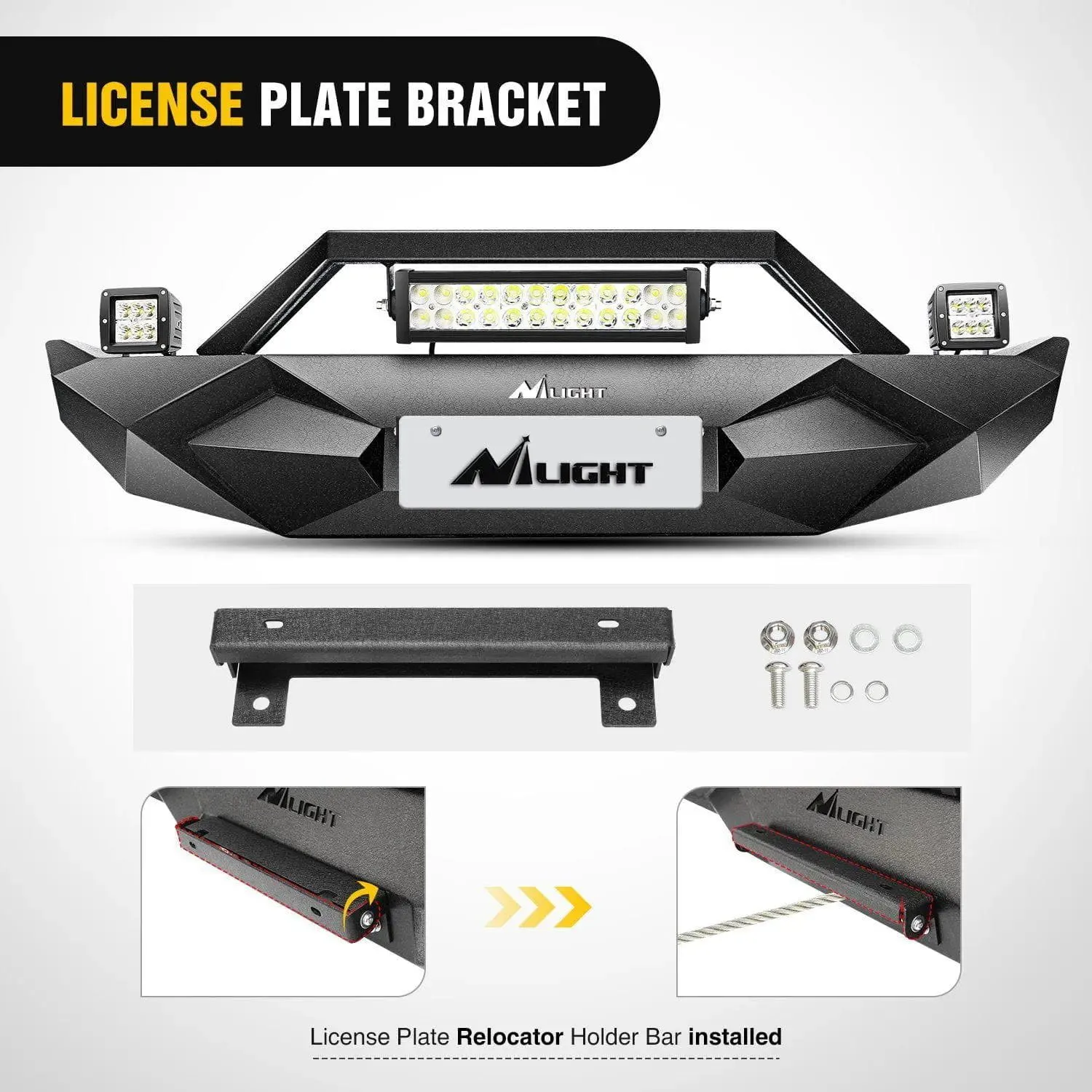 2018-2023 Jeep Wrangler JL Front Bumper Winch Plate with 72W LED light bar 2Pcs 18W LED Work Light Pod License Plate Bracket