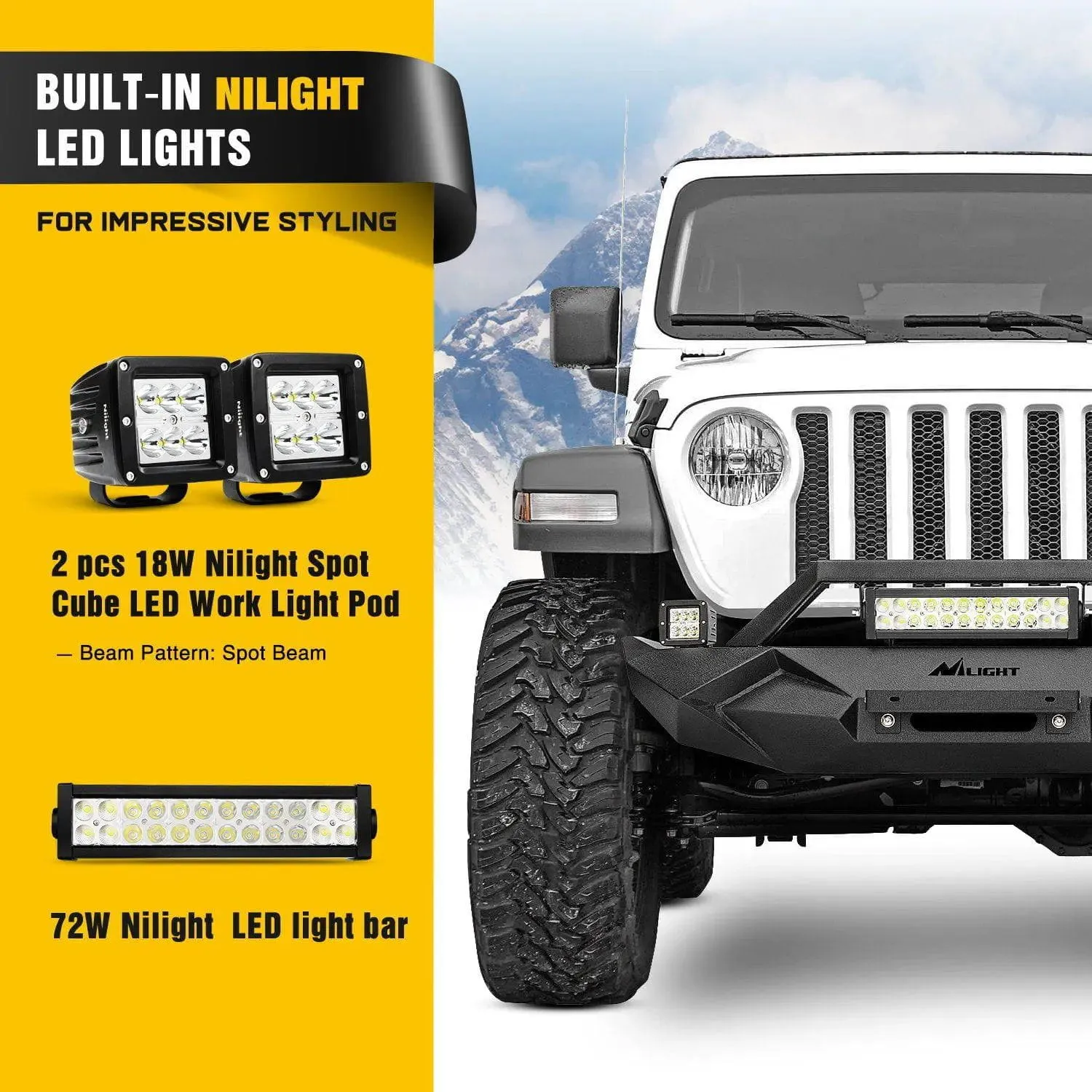 2018-2023 Jeep Wrangler JL Front Bumper Winch Plate with 72W LED light bar 2Pcs 18W LED Work Light Pod License Plate Bracket