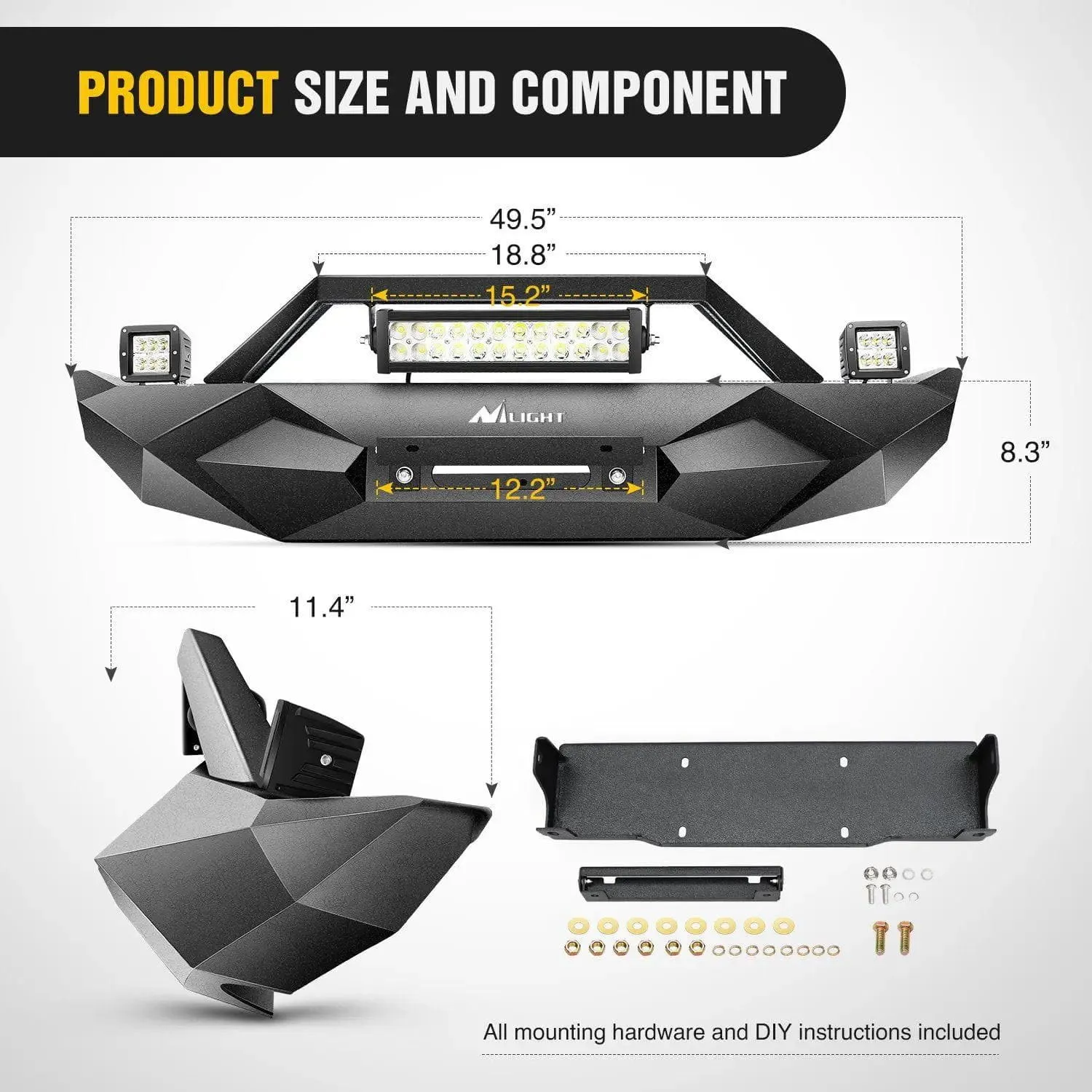2018-2023 Jeep Wrangler JL Front Bumper Winch Plate with 72W LED light bar 2Pcs 18W LED Work Light Pod License Plate Bracket