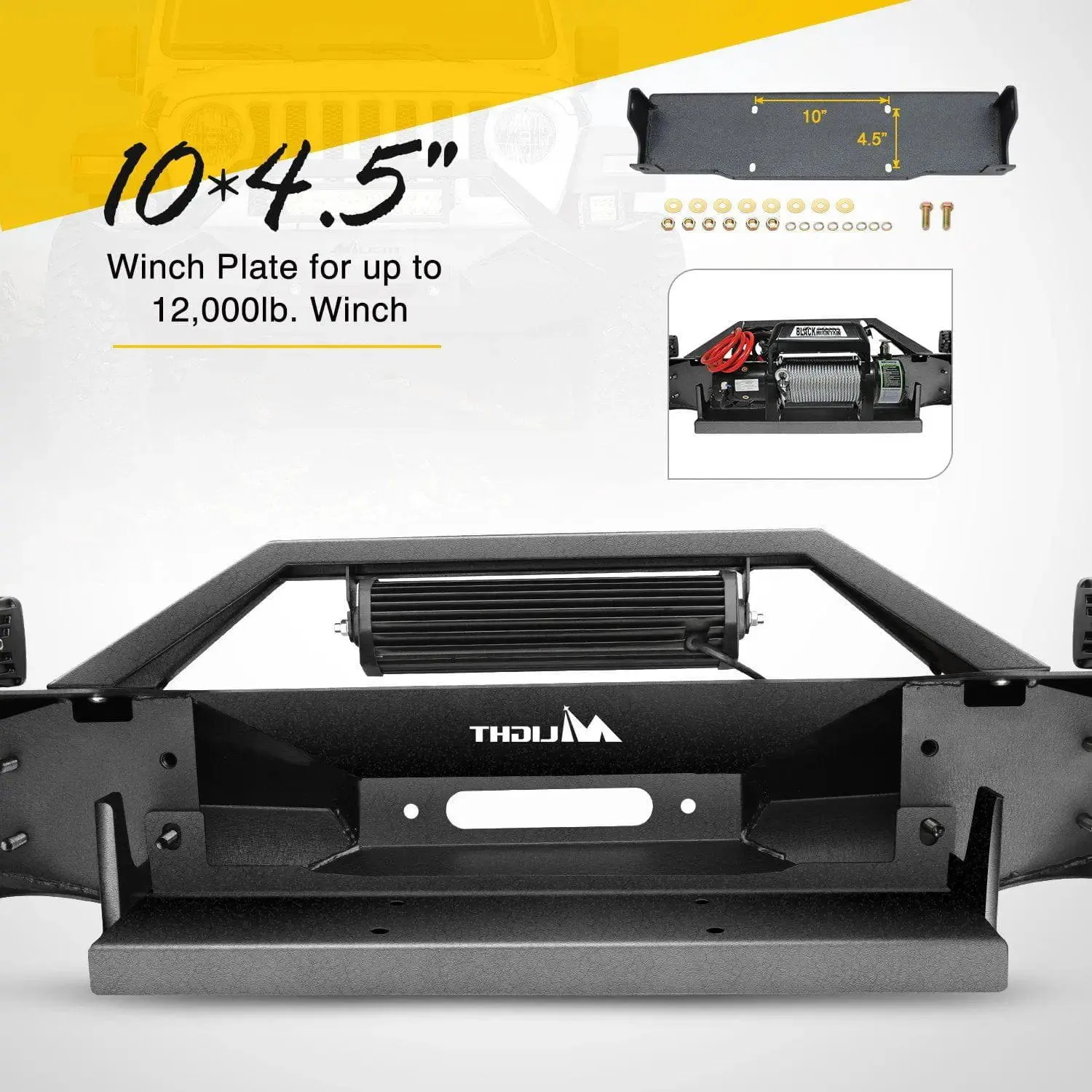 2018-2023 Jeep Wrangler JL Front Bumper Winch Plate with 72W LED light bar 2Pcs 18W LED Work Light Pod License Plate Bracket