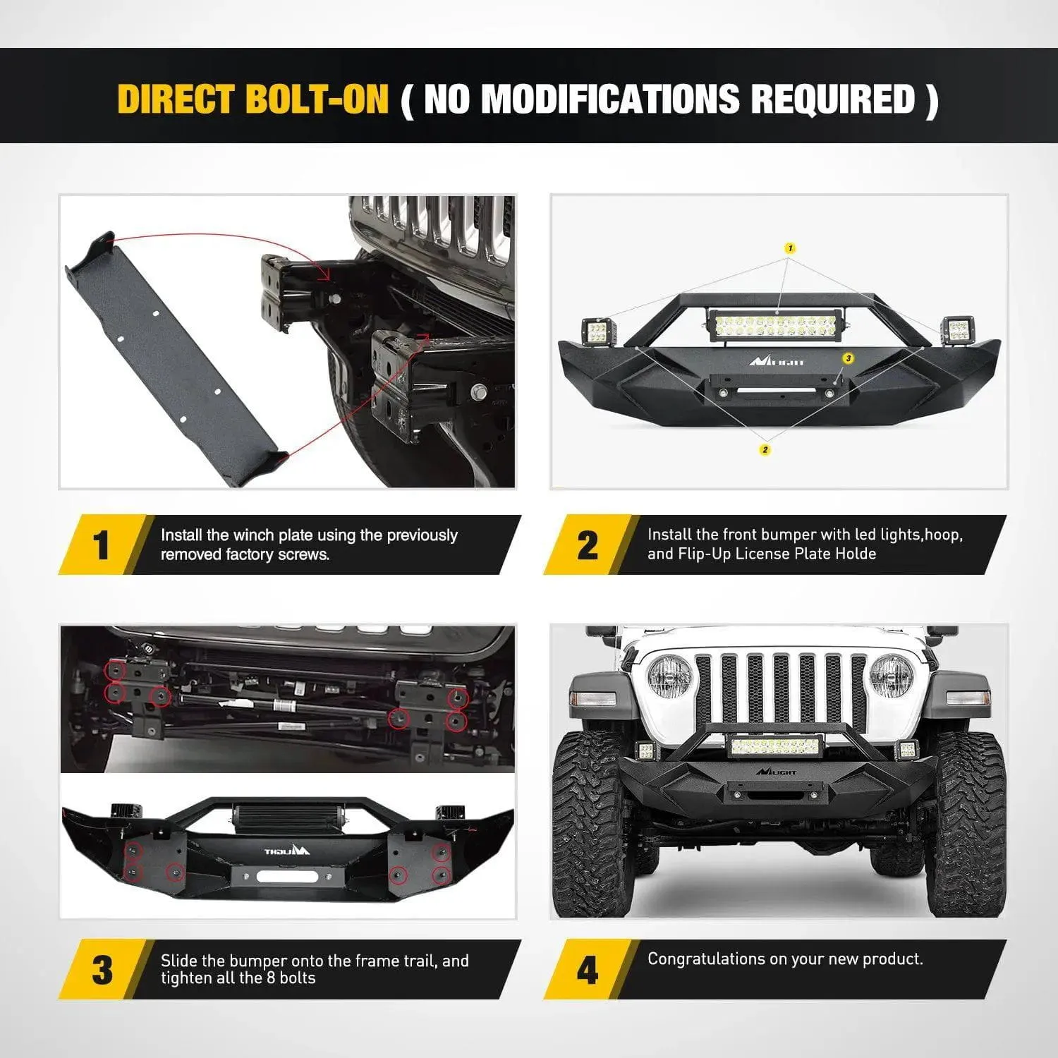 2018-2023 Jeep Wrangler JL Front Bumper Winch Plate with 72W LED light bar 2Pcs 18W LED Work Light Pod License Plate Bracket