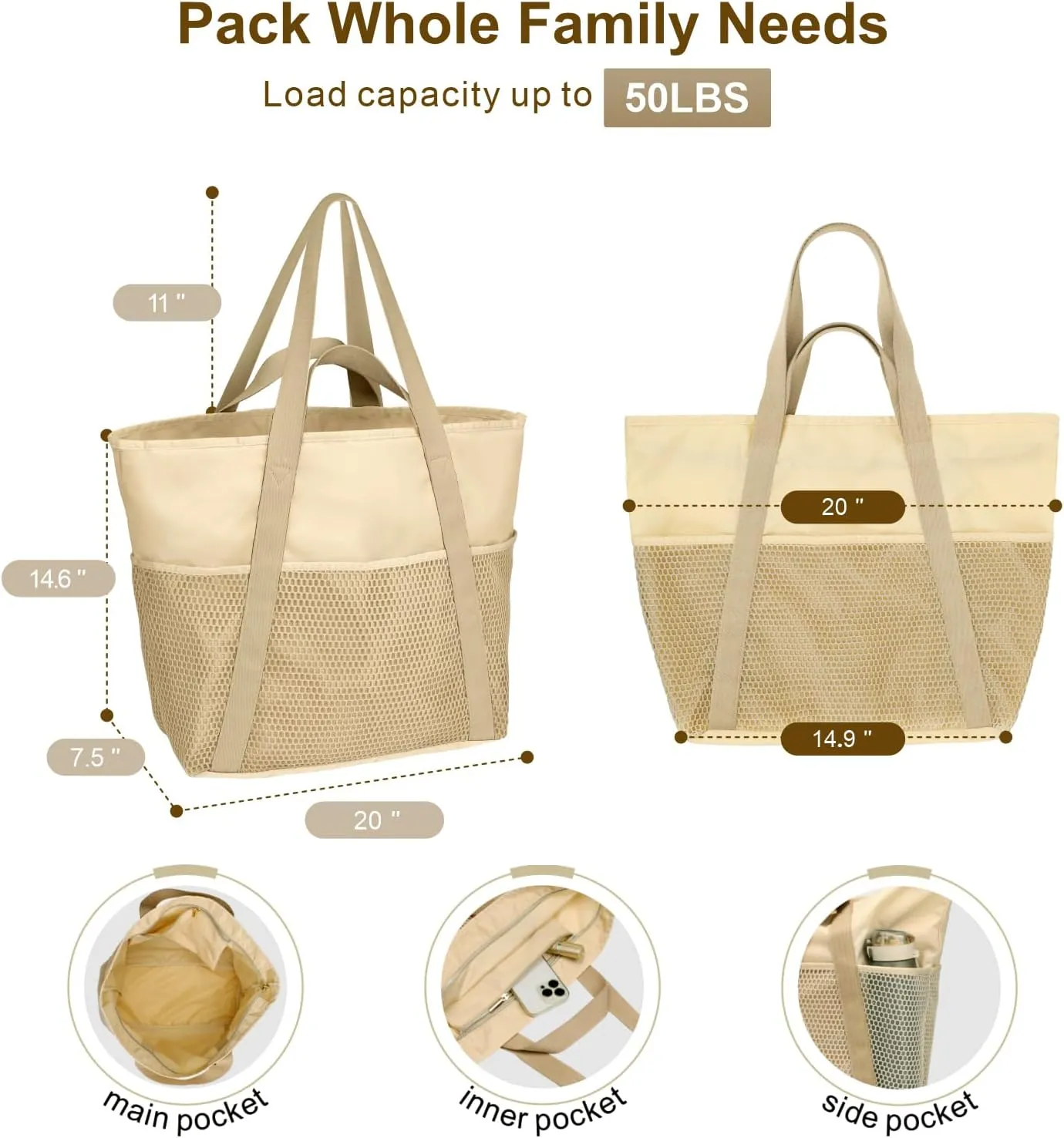 F-color Waterproof Beach Bags for Women - Machine Washable Travel Tote Bag with Zipper Cruise Swim Vacation Essentials