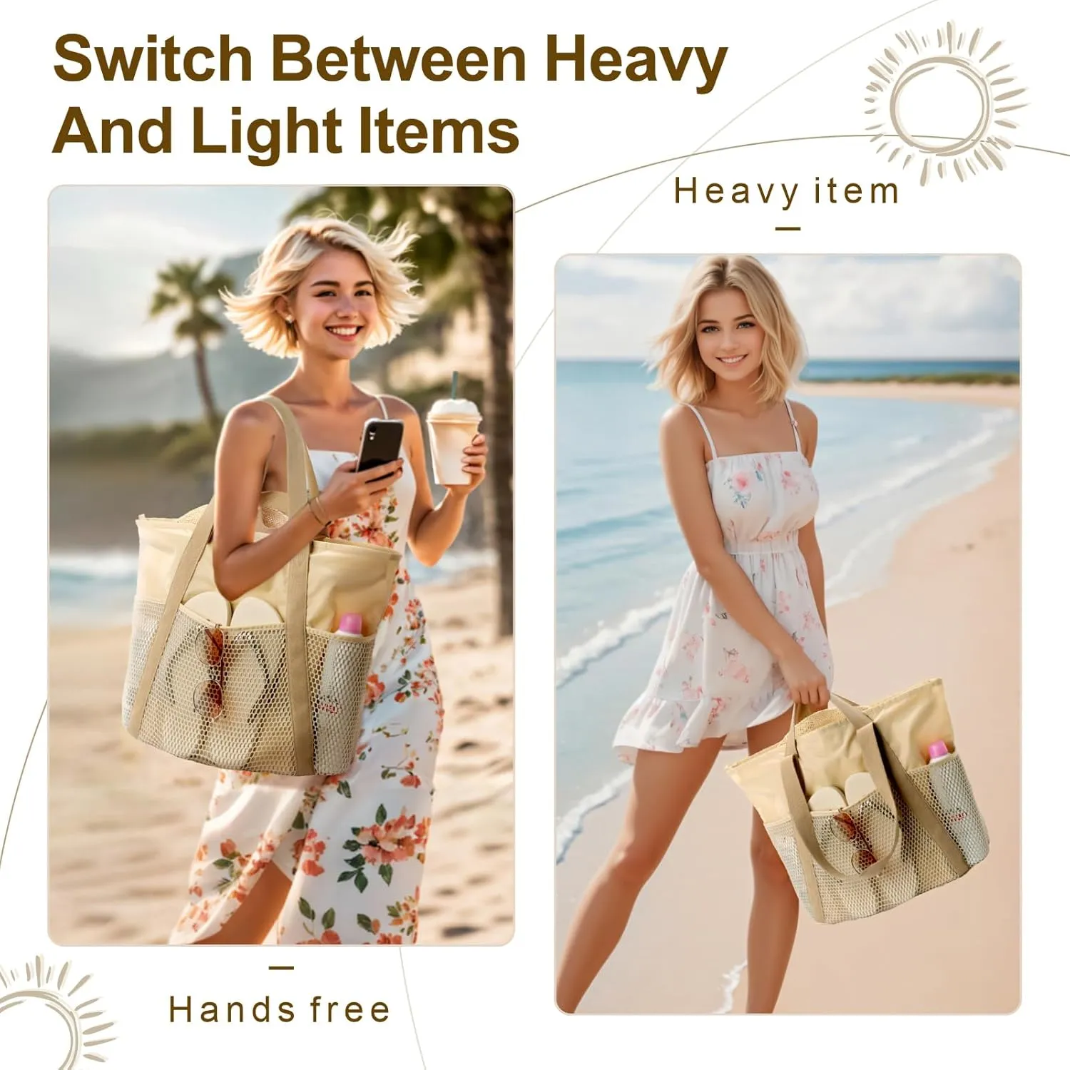 F-color Waterproof Beach Bags for Women - Machine Washable Travel Tote Bag with Zipper Cruise Swim Vacation Essentials
