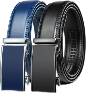 Founders & C Mens Belt 2 Pack,Leather Ratchet Click Belt Dress with Slide Buckle 1 3/8" in Gift Set Box- Size Adjustable