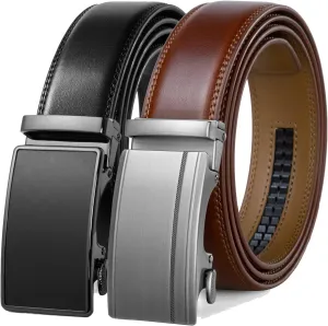 Founders & C Mens Belt 2 Pack,Leather Ratchet Click Belt Dress with Slide Buckle 1 3/8" in Gift Set Box- Size Adjustable