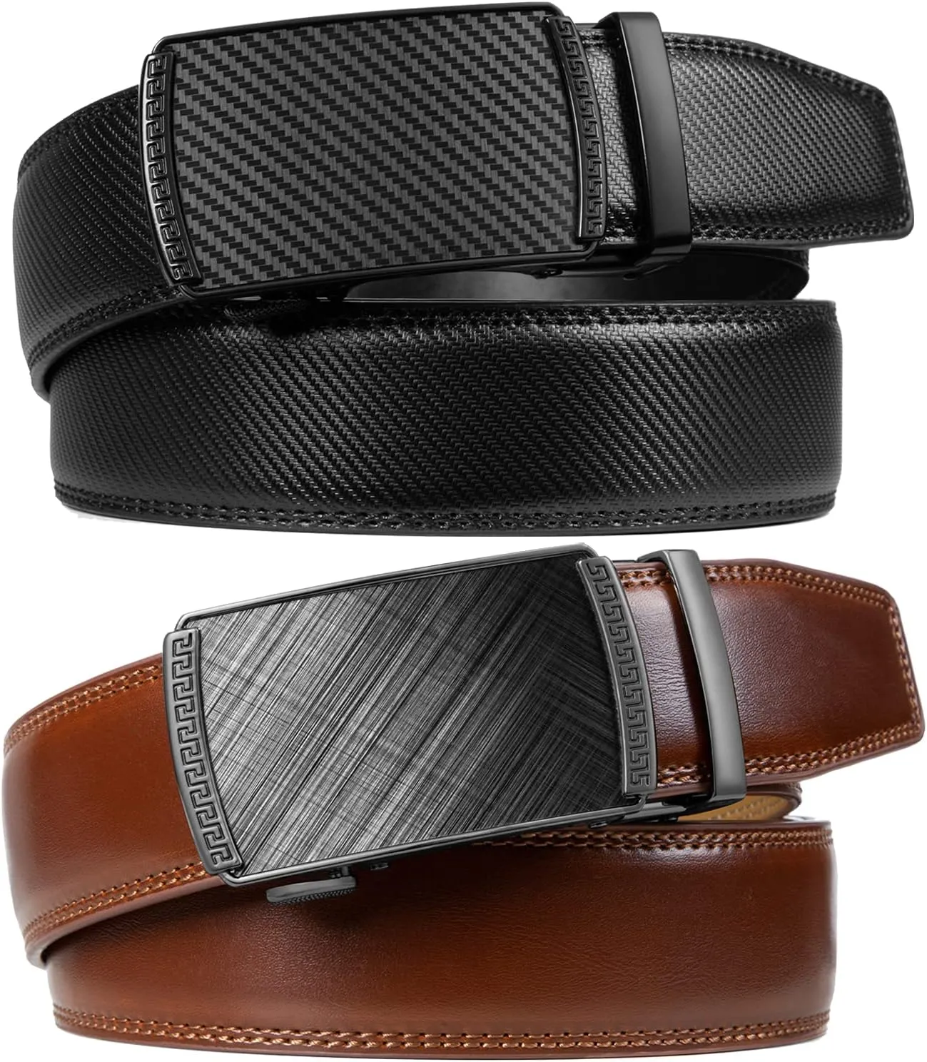 Founders & C Mens Belt 2 Pack,Leather Ratchet Click Belt Dress with Slide Buckle 1 3/8" in Gift Set Box- Size Adjustable