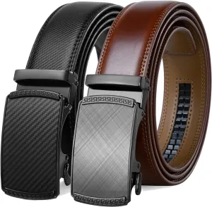 Founders & C Mens Belt 2 Pack,Leather Ratchet Click Belt Dress with Slide Buckle 1 3/8" in Gift Set Box- Size Adjustable