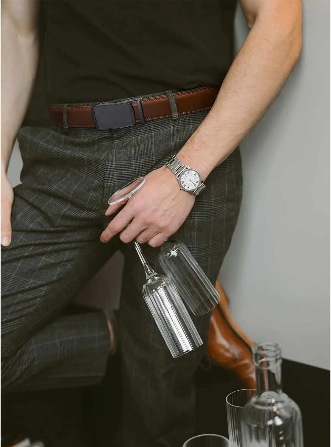 Founders & C Mens Belt 2 Pack,Leather Ratchet Click Belt Dress with Slide Buckle 1 3/8" in Gift Set Box- Size Adjustable