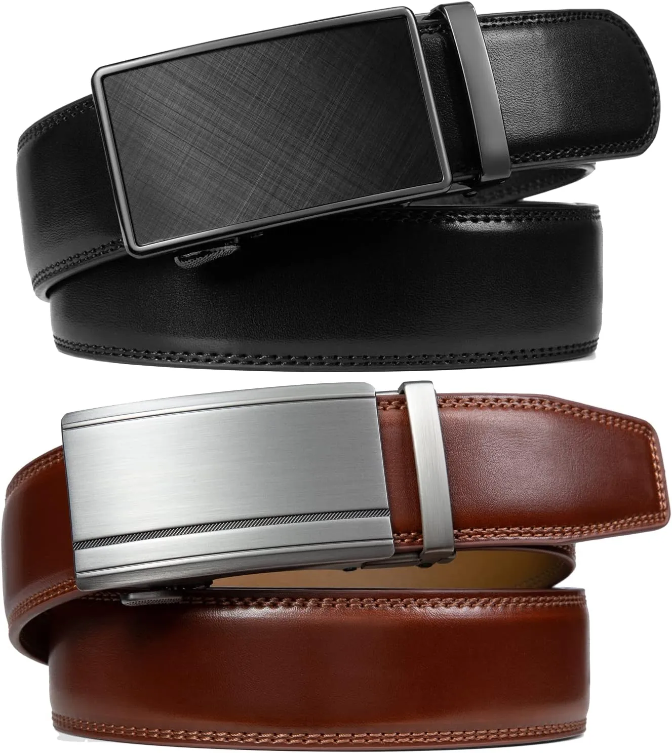 Founders & C Mens Belt 2 Pack,Leather Ratchet Click Belt Dress with Slide Buckle 1 3/8" in Gift Set Box- Size Adjustable