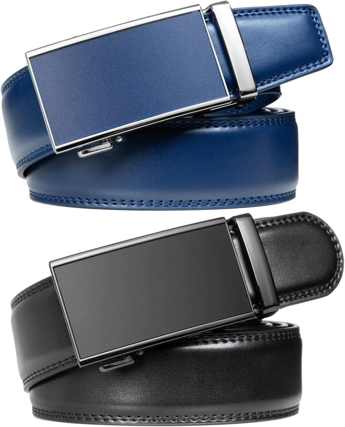 Founders & C Mens Belt 2 Pack,Leather Ratchet Click Belt Dress with Slide Buckle 1 3/8" in Gift Set Box- Size Adjustable