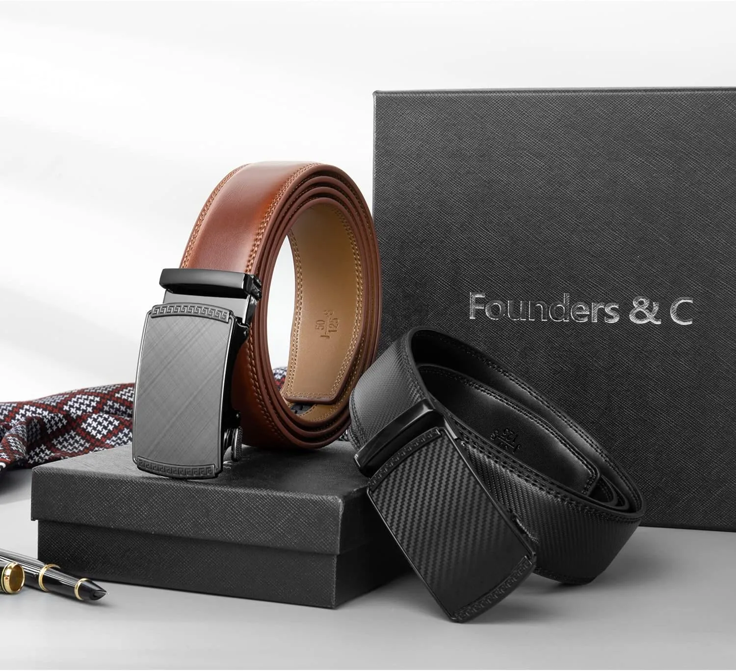 Founders & C Mens Belt 2 Pack,Leather Ratchet Click Belt Dress with Slide Buckle 1 3/8" in Gift Set Box- Size Adjustable