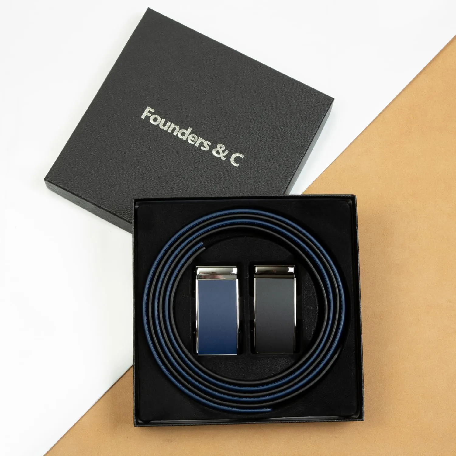 Founders & C Mens Belt 2 Pack,Leather Ratchet Click Belt Dress with Slide Buckle 1 3/8" in Gift Set Box- Size Adjustable