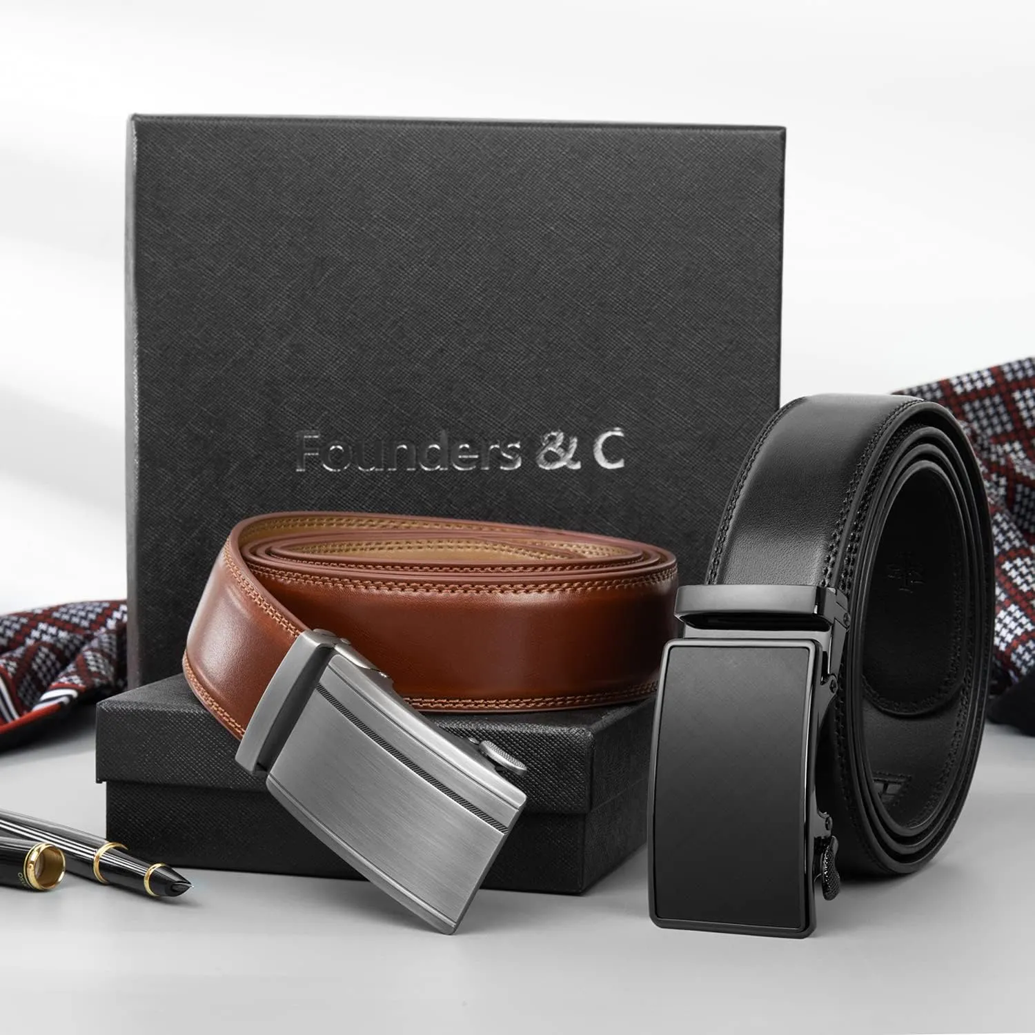Founders & C Mens Belt 2 Pack,Leather Ratchet Click Belt Dress with Slide Buckle 1 3/8" in Gift Set Box- Size Adjustable