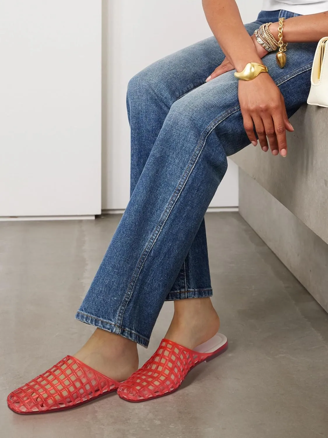 Women's Red Jelly Mesh Slides, Comfortable Flat Slip On Sandals, Casual Summer Beach Slippers