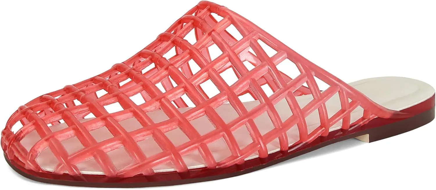 Women's Red Jelly Mesh Slides, Comfortable Flat Slip On Sandals, Casual Summer Beach Slippers