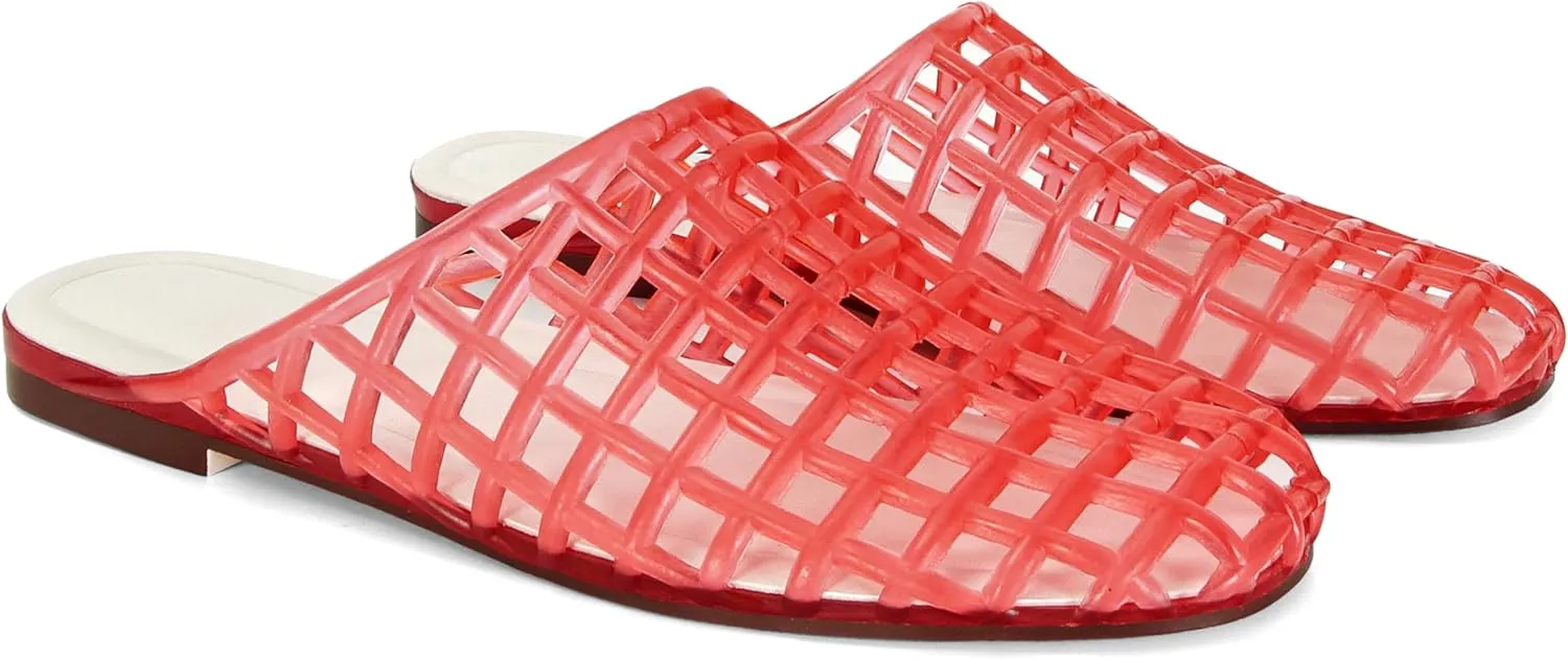 Women's Red Jelly Mesh Slides, Comfortable Flat Slip On Sandals, Casual Summer Beach Slippers